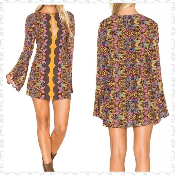 FREE PEOPLE Sz 6 Gold/Brown OSSIE VIBES Bell Sleeve Tunic Mini Dress NWT $128 - Picture 2 of 10